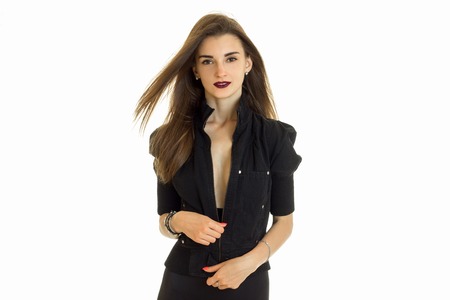 Beautiful young woman in panties and jacket isolated on white backgroundの写真素材