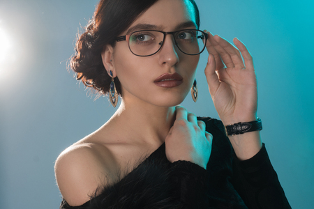 Beauty young girl with short hair in studio posingの写真素材