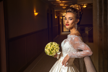 gorgeous young bride in wedding dressの写真素材