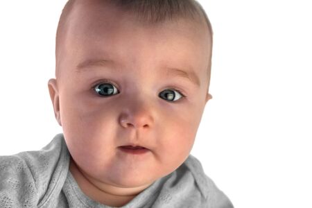 closeup portrait pf emotional baby girl isolated on white background in studio