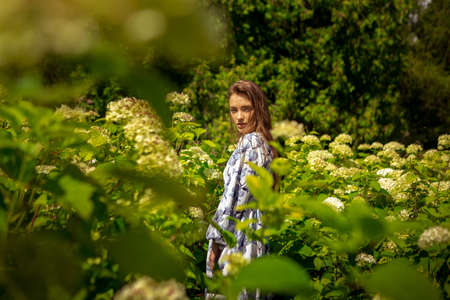young glamour lady with closed eyes posing in the field flowers in dress with printの写真素材