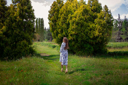 glamor lady walks in long dress at the green gardenの写真素材