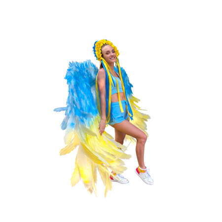 Beautiful woman in Blue and yellow wreath and wings. Pray for Ukraineの写真素材