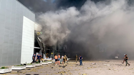 Russian missiles destroyed the factory near the city park. Kremenchug, Ukraine, 27 june 2022