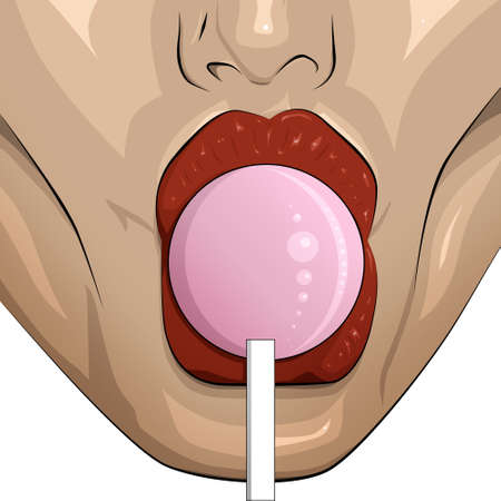 Close up art of female lips eats lollipop isolated on white backgroundの写真素材