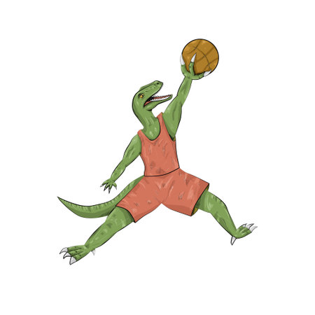 illustration of green dinosaur raptor plays basketball in uniform isolated on white backgroundの写真素材