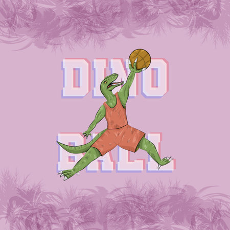 illustration of green dinosaur raptor plays basketball in uniform on pink background with abstract palm treesの写真素材