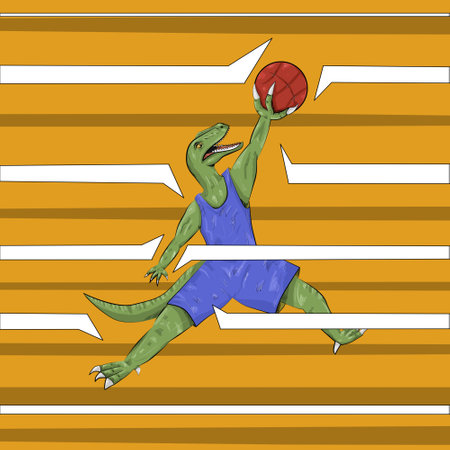 illustration of green dinosaur raptor plays basketball in uniform