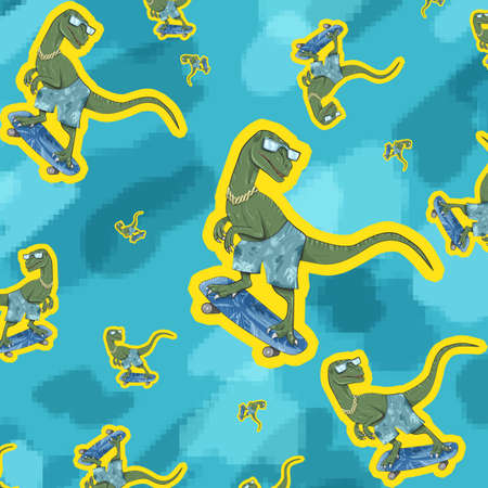 concept of velociraptor dinosaur rides on skateboard on blue backgroundの写真素材