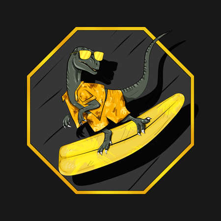 illustration of dinosaur surfer in gold shirt and shorts with octagon on black backgroundの写真素材
