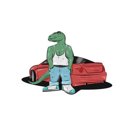 green dinosaur velociraptor stands at the red sport car in casual clothes isolated on white backgroundの写真素材