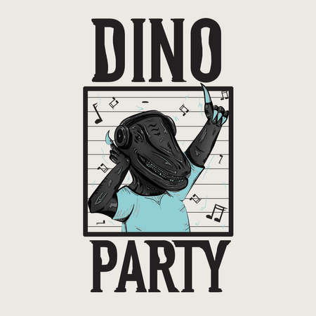 design of funny dinosaur dancing and listening music in headphones with music signs on backgroundの写真素材