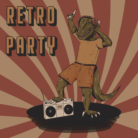 retro design of funny dinosaur dancing and listening music in headphones and tape recorderの写真素材