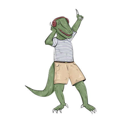 funny green dinosaur dancing and listening music in headphones isolated on white backgroundの写真素材