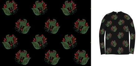 t-shirt design with dinnosaur velociraptor and flowers on black backgroundの写真素材