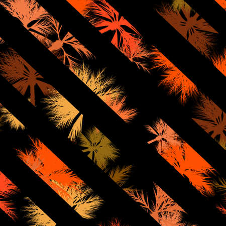 square illustration of beautiful abstrack background with prange palm trees on black background