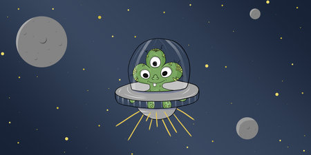 funny little green baby monster with three eyes and tentacles flyes in the spaceshipの写真素材
