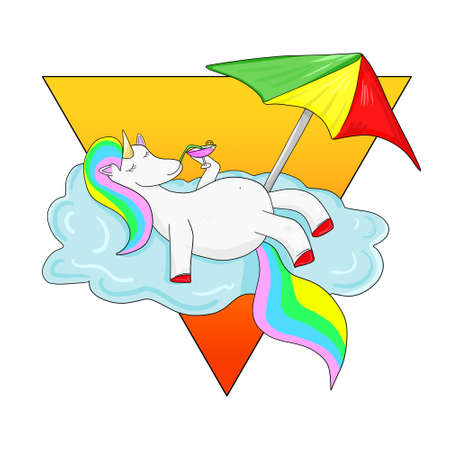 Cutie unicorn relaxing and drinks cocktail on the clouds isolated on white backgroundの写真素材