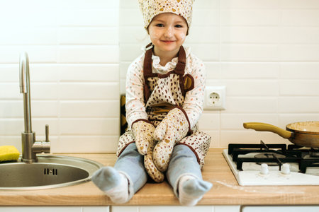 portrait of cute little homecook girl in white kitchen. Happy family kitchen time.の写真素材
