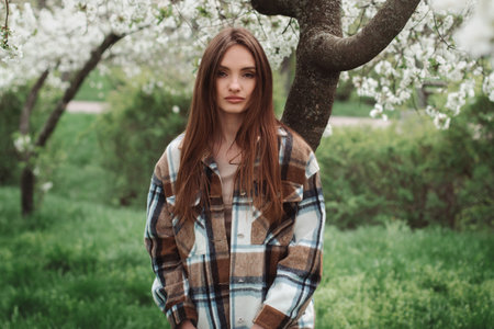 portrait of lovely young fashionable lady in blooming garden with white treesの写真素材