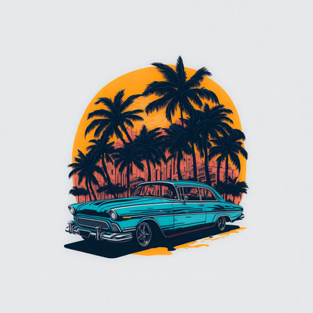 t-shirt design old retro car on sunset with palm treesの写真素材