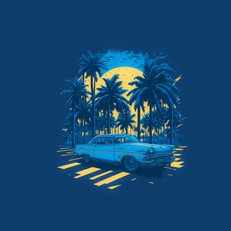 t-shirt design retro car on sunset with palm treesの写真素材