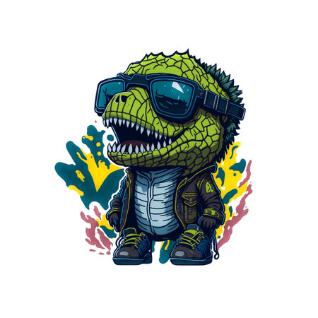 cute little dino rex in sunglasses and leather jacket isolated on white backgroundの写真素材
