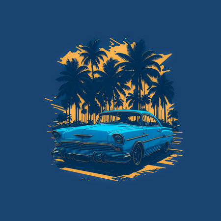 t-shirt design retro car on sunset with palm treesの写真素材
