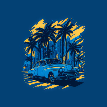 t-shirt design retro car on sunset with palm trees and scyscrapersの写真素材