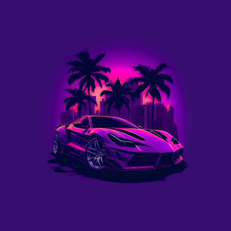 t-shirt design sport car on sunset with palm trees and scyscrapers in neon lightsの写真素材