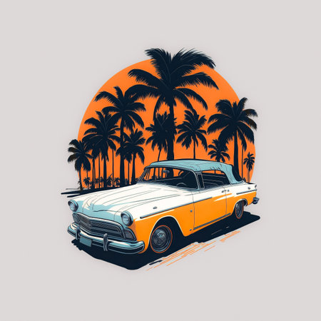 t-shirt design old car on sunset with palm treesの写真素材
