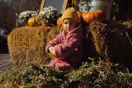 autumn mood little girl portrait outdoorsの写真素材