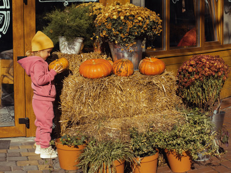 fall mood little girl portrait outdoorsの写真素材