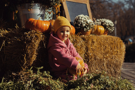 autumn mood little girl portrait outdoorsの写真素材