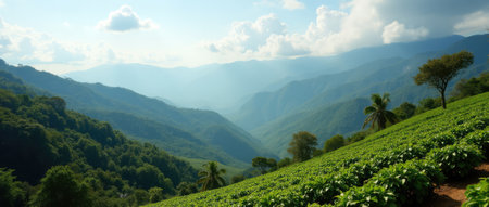 breathtaking landscape features rolling green tea and coffee plantations in the foreground, stretching across a lush valley framed by layers of misty mountains under a partly cloudy skyの素材