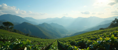 breathtaking landscape features rolling green tea and coffee plantations in the foreground, stretching across a lush valley framed by layers of misty mountains under a partly cloudy skyの素材