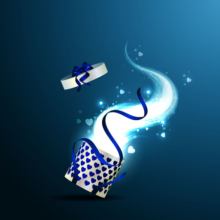Open gift box with bright rays of light, sparkles and heartsのイラスト素材