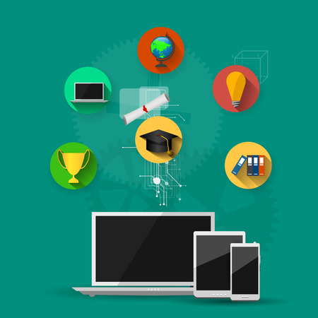 education, online learning and tree of knowledge icons in flat styleのイラスト素材