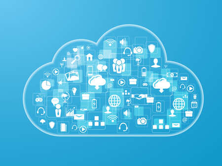 Vector illustration of cloud upload with a set of icons
