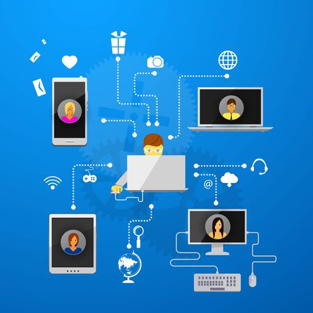 The concept of social network background with people and icons.のイラスト素材