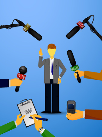 Vector illustration of a concept live news, reports, interviews, voice recorders, microphones in the hands of journalists. Live news template. Press illustration.のイラスト素材