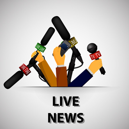Vector illustration of a concept live news, reports, interviews, voice recorders, microphones in the hands of journalists. Live news template. Press illustration.のイラスト素材