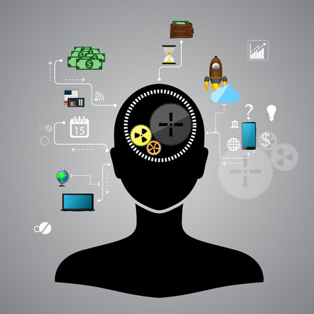 Business start infographics template. Scheme with humans, icons and gearsのイラスト素材