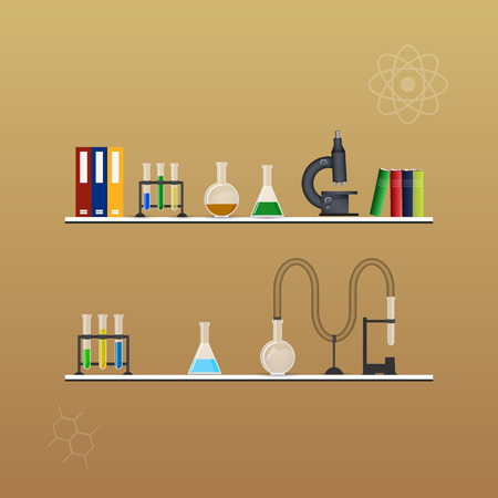 Chemistry infographic conical flasks and beakers with various chemical solutions and reactionsのイラスト素材