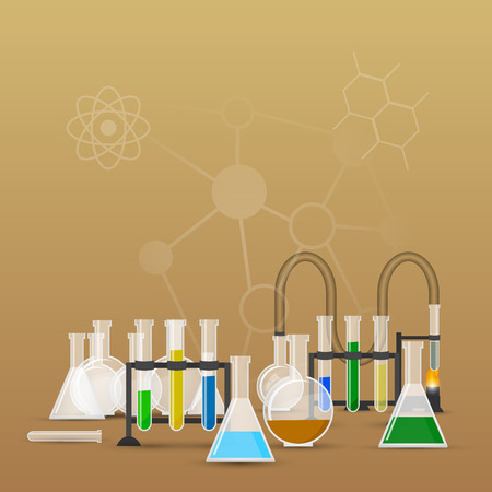 Chemistry infographic conical flasks and beakers with various chemical solutions and reactionsのイラスト素材