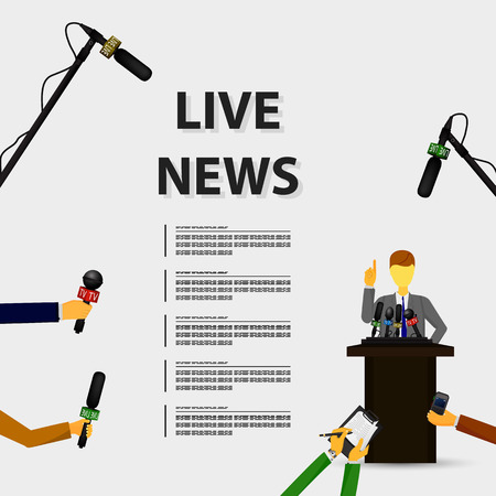 Vector illustration of a concept live news, reports, interviews, voice recorders, microphones in the hands of journalists. Live news template. Press illustration.のイラスト素材