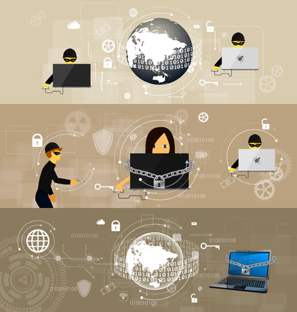 Vector illustration set of banners, the concept of the fight against viruses and attacks.のイラスト素材