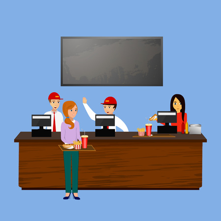 fast food background, cafe workers standing at the cash registerのイラスト素材