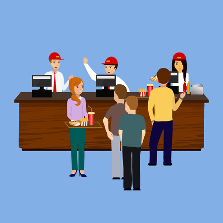 fast food background, cafe workers standing at the cash registerのイラスト素材