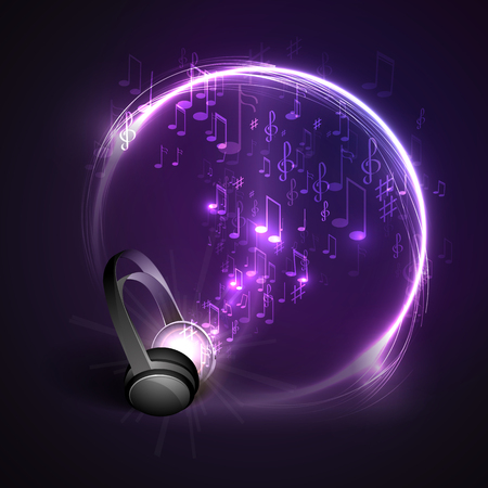 Abstract music background headphones and glowing waves, musical notes.のイラスト素材